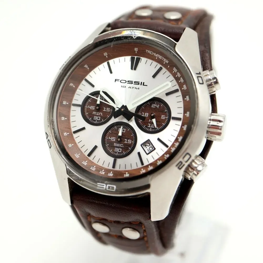 Fossil Coachman Mens Brown 45mm Watch Date Wood Grain Leather Cuff w New Battery